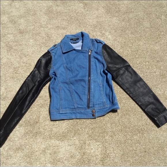 Forever 21 Blue Denim Jacket with Leather Sleeves - Picture 1 of 5